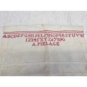 19TH century Cross Stitch Sampler Cream Good Vintage Alphabet Red